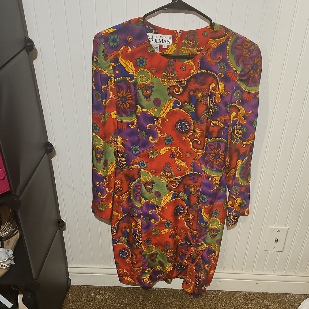 Vibrant Orange and Red Sheath Dress with Long Bishop Sleeves